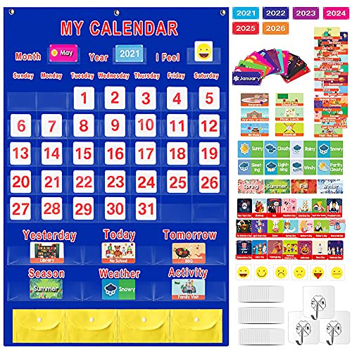 Calendar and Weather Pocket Chart Set of 156, Large 35 x 27.5 Monthly Calendar Organizers for Kids Learning/Teacher/Preschool, Calendar Charts for Classroom Supplies, Home, School