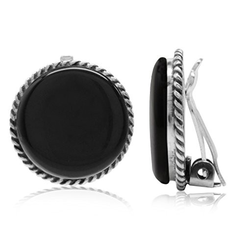 Silvershake Created Black Onyx 925 Sterling Silver Round Disc Shape Clip on Earrings