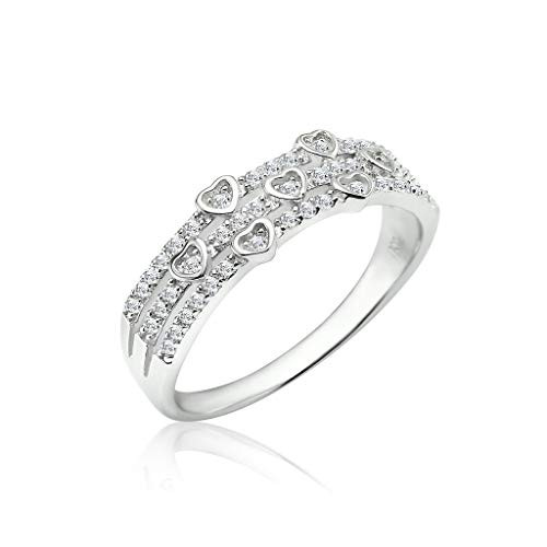 SOLIDSILVER- Sterling Silver Triple Line Heart Crystal Clear CZ Eternity Band Ring Sizes 9