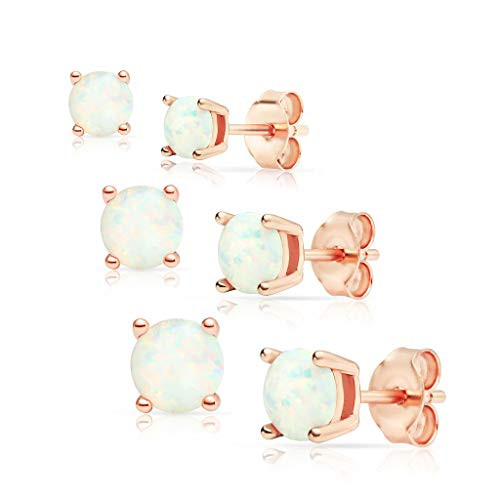 SolidSilver- Sterling Silver 3mm, 4mm  and  5mm Pair Set Round-Cut Simulated White Opal Stud Earrings | Rose Gold Dipped