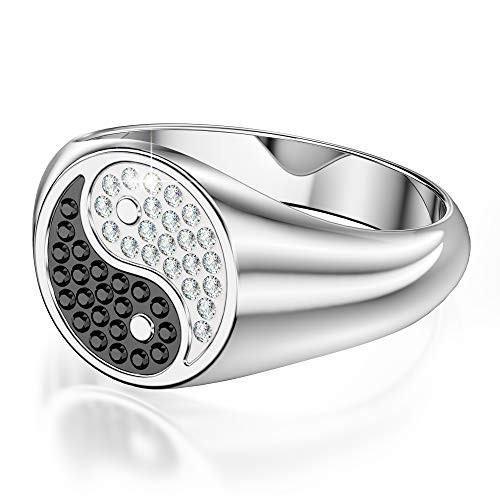 ICY FLARE - ICED Out Men Tai Chi Yin Yang Ring, 316L Stainless Chinese Tai Chi Yin Yang Symbol Ring, Gold and Silver Plated 3A Cubic Zirconia Chinese Symbol Statement Unisex Ring -Silver, 8-