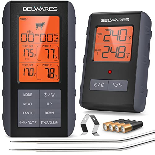 Meat Thermometer Wireless - Digital Grill Thermometer for Outside Grill, BBQ Thermometer, Meat Thermometer for Smokers, Cooking, Oven, Grilling - 490Feet Remote Kitchen Food Thermometer, Grey