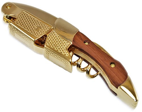 Gold Plated Corkscrew w/ Wood Handle Professional Double Hinge Waiters Wine Key