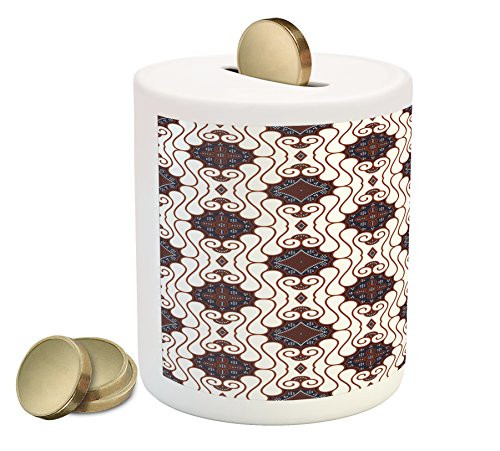 Lunarable Batik Piggy Bank, Retro Bohemian Traditional Indonesian Spouted Liquid Flowing Colored Artwork, Printed Ceramic Coin Bank Money Box for Cash Saving, Brown Night Blue