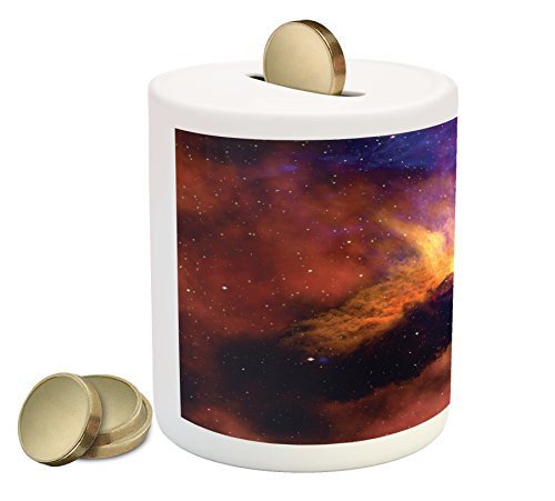 Lunarable Outer Space Piggy Bank, Space Stars and Nebula Gas and Dust Cloud Celestial Solar Galaxy System, Printed Ceramic Coin Bank Money Box for Cash Saving, Purple Red Orange