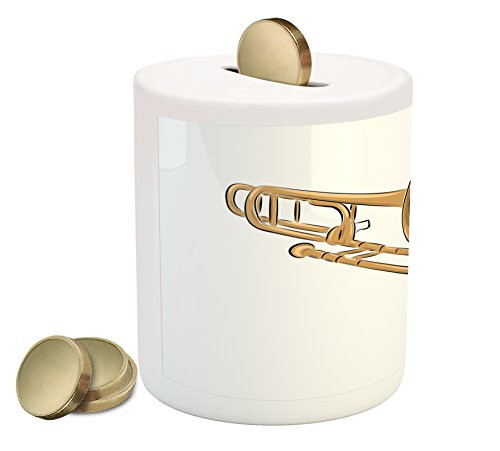 Lunarable Trombone Piggy Bank, Jazz Funky Groovy Musical Vibes Sound Performance Symphonic Rhythm Melody Print, Printed Ceramic Coin Bank Money Box for Cash Saving, Sand Brown