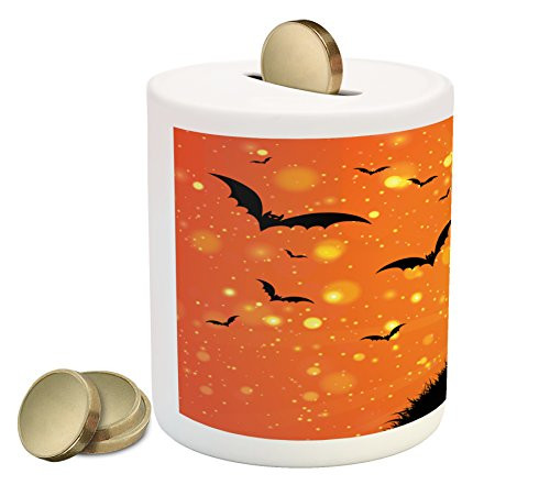Lunarable Halloween Piggy Bank, Evil Night Swirled Branches Haunted Forest Hill, Printed Ceramic Coin Bank Money Box for Cash Saving, Orange Yellow Black