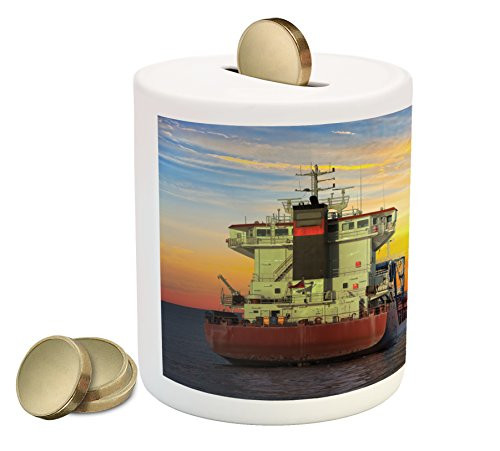 Lunarable Nautical Piggy Bank, Tanker Ship and Oil Platform on Offshore Sphere at Sunset Industrial Sea Scenery, Printed Ceramic Coin Bank Money Box for Cash Saving, Orange Blue