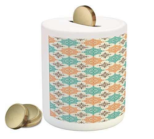 Lunarable Tribal Piggy Bank, Bohemian Style Ornate Diamond Shape Pattern Design Geometric, Printed Ceramic Coin Bank Money Box for Cash Saving, Turquoise Orange Brown Lunarable Tribal Piggy Bank, Bohemian Style Ornate Diamond Shape Pattern Design Geometric, Printed Ceramic Coin Bank Money Box for Cash Saving, Turquoise Orange Brown