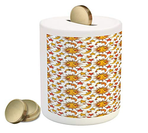 Lunarable Sun Piggy Bank, Nursery Themed Repetitive Pattern with Sun Moon and Stars, Printed Ceramic Coin Bank Money Box for Cash Saving, Earth Yellow Orange Burnt Sienna White Lunarable Sun Piggy Bank, Nursery Themed Repetitive Pattern with Sun Moon and Stars, Printed Ceramic Coin Bank Money Box for Cash Saving, Earth Yellow Orange Burnt Sienna White