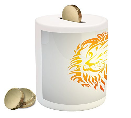 Ambesonne Astrology Piggy Bank, Leo Zodiac Sign on Plain Background Sun Mystic Lion King Self Power Universe Theme, Printed Ceramic Coin Bank Money Box for Cash Saving, Orange