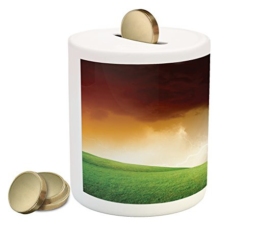 Ambesonne Nature Piggy Bank, Nature Landscape with Fresh Grass Field and Thunder Environmental Theme, Printed Ceramic Coin Bank Money Box for Cash Saving, Green Orange Blue