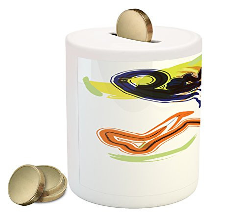 Ambesonne Basketball Piggy Bank, Man Playing Basketball Illustration Champion Victory Passion Sketch, Printed Ceramic Coin Bank Money Box for Cash Saving, Orange Black Lime Green
