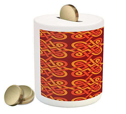 Ambesonne Celtic Piggy Bank, Multicolored Interlaced Vintage Celtic Conjoined Knot Forms European Graphic Design, Printed Ceramic Coin Bank Money Box for Cash Saving, Red Orange