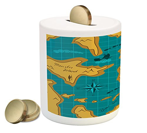 Ambesonne Island Map Piggy Bank, Historical Adventure Map Pattern with Sail Boats Direction Route Track Graphic, Printed Ceramic Coin Bank Money Box for Cash Saving, Orange Blue