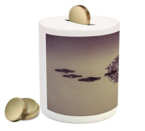 Ambesonne Galaxy Piggy Bank, Small Planet Under UFO Death Star Fictional Outer Space Themed Pattern, Printed Ceramic Coin Bank Money Box for Cash Saving, Brown Gray