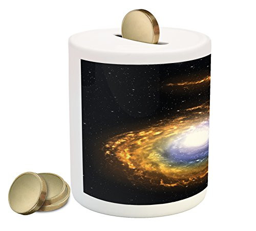 Ambesonne Galaxy Piggy Bank, Nebula Cloud with Cosmic Rays Galactic Sparks Exploring Celestial Bodies Space Art, Printed Ceramic Coin Bank Money Box for Cash Saving, Orange Black