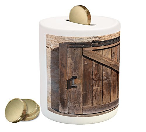 Ambesonne Rustic Piggy Bank, Aged Wooden Sliding Barn Door with Vintage Texture Architectural Farm House Print, Printed Ceramic Coin Bank Money Box for Cash Saving, Brown Beige