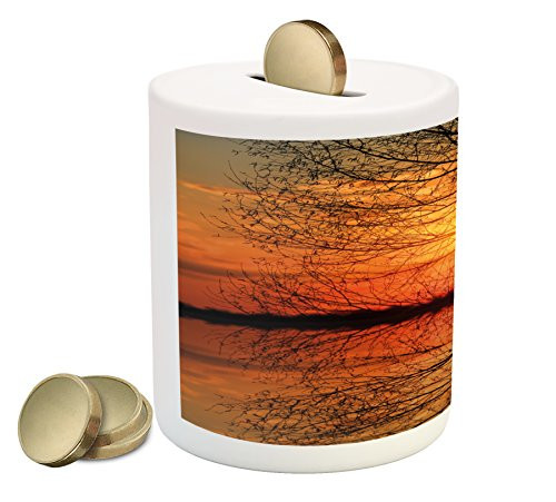 Ambesonne Autumn Piggy Bank, Leafless Tree in Fall on Sunset Backdrop Horizon with Water Reflection Panorama, Printed Ceramic Coin Bank Money Box for Cash Saving, Orange Black