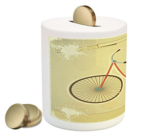Ambesonne Vintage Piggy Bank, Postcard of a Retro Bicycle on Grunge Background Illustration Artwork Print, Printed Ceramic Coin Bank Money Box for Cash Saving, Brown and Khaki Ambesonne Vintage Piggy Bank, Postcard of a Retro Bicycle on Grunge Background Illustration Artwork Print, Printed Ceramic Coin Bank Money Box for Cash Saving, Brown and Khaki