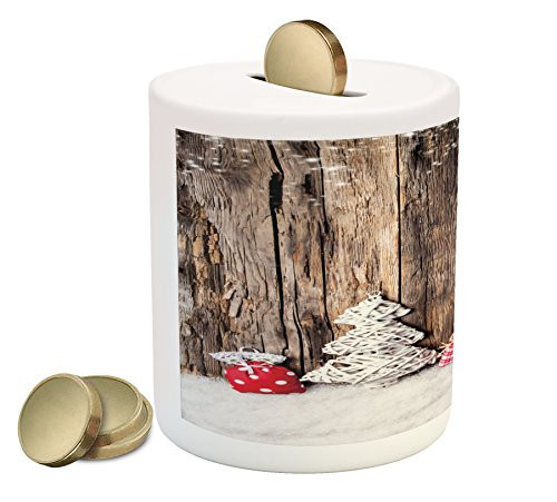 Ambesonne Winter Piggy Bank, Traditional Cloth Christmas Inspired Rustic Wooden Planks Vintage, Printed Ceramic Coin Bank Money Box for Cash Saving, Brown White Pink