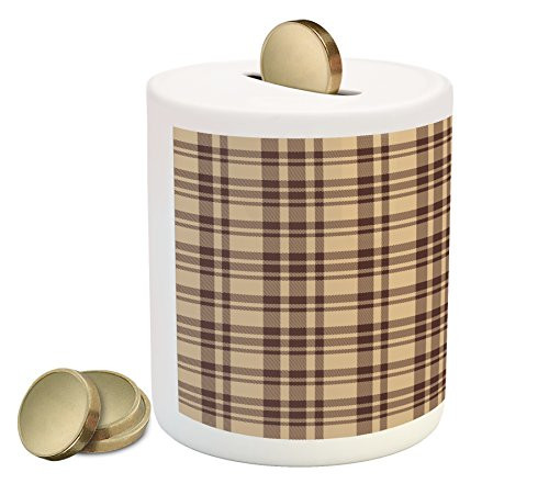 Ambesonne Tan and Brown Piggy Bank, Old Fashioned Check Plaid Pattern Scottish Tartan Inspired Geometric Design, Printed Ceramic Coin Bank Money Box for Cash Saving, Tan Brown
