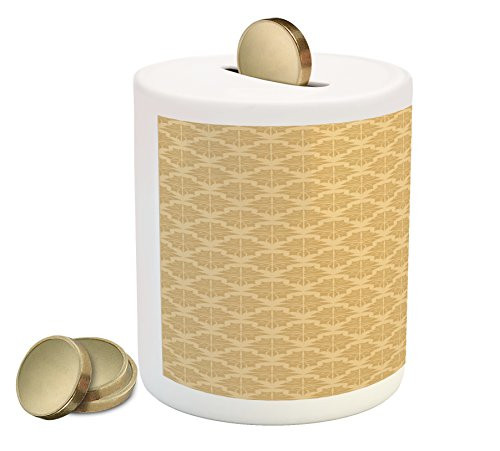 Ambesonne Retro Piggy Bank, Old Fashioned Damask Pattern with Victorian Medieval Renaissance Influences Classic, Printed Ceramic Coin Bank Money Box for Cash Saving, Pale Brown
