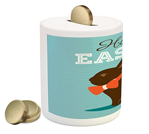 Ambesonne Easter Piggy Bank, Chocolate Bunny with an Orange Bow Tie on a Wavy Stripes Background, Printed Ceramic Coin Bank Money Box for Cash Saving, Dark Brown Orange Pale Blue