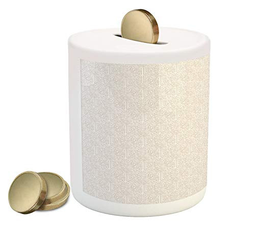 Ambesonne Geometric Piggy Bank, Abstract Dotted Lines Forming Concentric Rhombus Floor Tiling Pattern, Printed Ceramic Coin Bank Money Box for Cash Saving, Warm Taupe and White