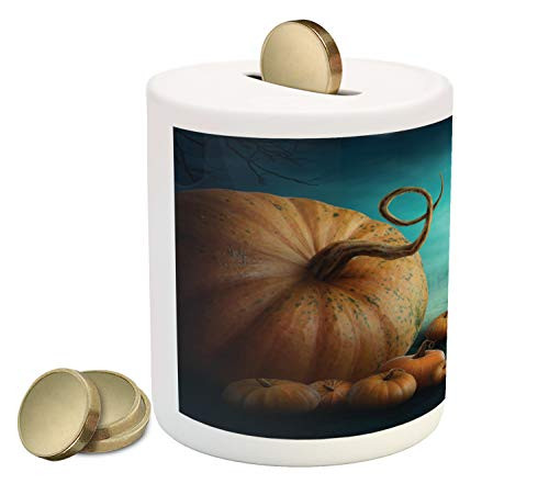 Ambesonne Autumn Pumpkin Piggy Bank, Halloween Haunted Nightmare Night and Season Fruit, Printed Ceramic Coin Bank Money Box for Cash Saving, Burnt Orange Seafoam Dark Night Blue