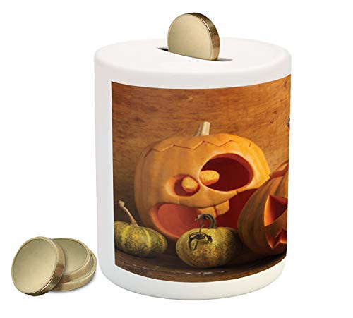 Ambesonne Autumn Pumpkin Piggy Bank, Halloween Jack o Lantern Carved Fruits Photo, Printed Ceramic Coin Bank Money Box for Cash Saving, Dark Orange Persian Orange Fawn Mustard
