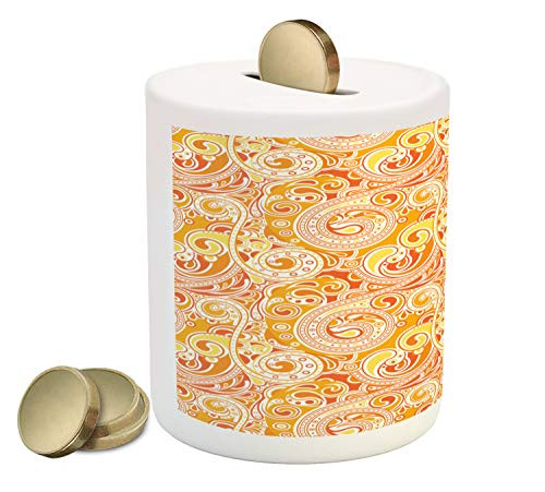 Ambesonne Tangerine Piggy Bank, Abstract Design Swirling Ornaments with Dots and Waves, Printed Ceramic Coin Bank Money Box for Cash Saving, Burnt Sienna Orange Mustard and White