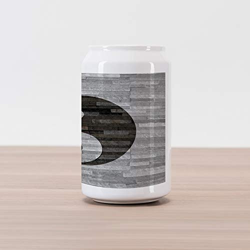 Ambesonne Ying Yang Cola Can Shape Piggy Bank, Minimalistic Traditional Ying Yang Rustic Wooden Floor Effect Modern Style, Ceramic Cola Shaped Coin Box Money Bank for Cash Saving, Black Grey
