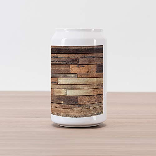 Ambesonne Wooden Cola Can Shape Piggy Bank, Rustic Floor Planks Print Grungy Look Farm House Country Style Walnut Oak Grain Image, Ceramic Cola Shaped Coin Box Money Bank for Cash Saving, Brown