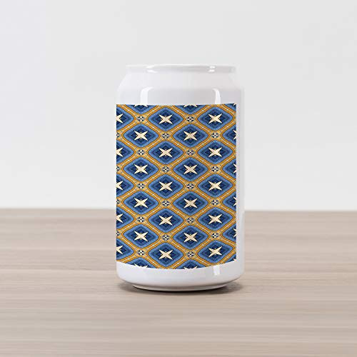 Ambesonne Ethnic Cola Can Shape Piggy Bank, Vintage Tile Ornament Diagonal Pattern with Art Influences, Ceramic Cola Shaped Coin Box Money Bank for Cash Saving, Blue Orange Beige