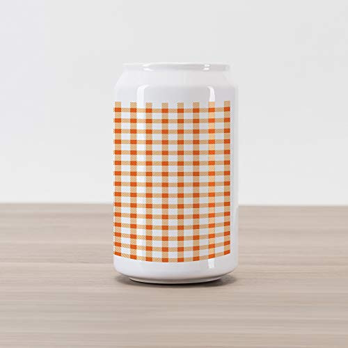 Ambesonne Orange and White Cola Can Shape Piggy Bank, Retro Gingham Style Checkered Squares Pattern in Warm Colors Plaid, Ceramic Cola Shaped Coin Box Money Bank for Cash Saving, Orange and White