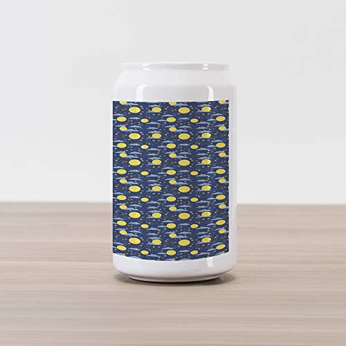 Ambesonne Moon Cola Can Shape Piggy Bank, Smiling Full Moon Faces with Stars and Clouds Joy Sleep Cartoon, Ceramic Cola Shaped Coin Box Money Bank for Cash Saving, Pale Orange Night Blue and Yellow