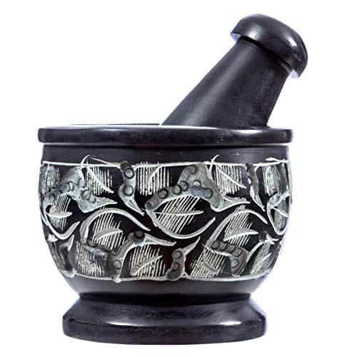Soapstone Mortar and Pestle with Carved Floral Design -Black-