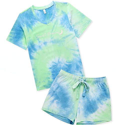 HEARTNICE Womens Pajamas Set Tie Dye, Cotton Summer pajamas for Women shorts set Soft PJS Sets Sleepwear-Multi-E, L-