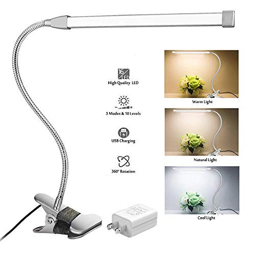 LED Gooseneck Reading Lamp, Dimmable Clamp Light for Bed Headboard, Bedroom, Office Desk, 3 Modes & 10 Dimming Levels, Flexible Clip On Desk Lamp, USB Clamp Light,Adapter Included, 8W, Silver