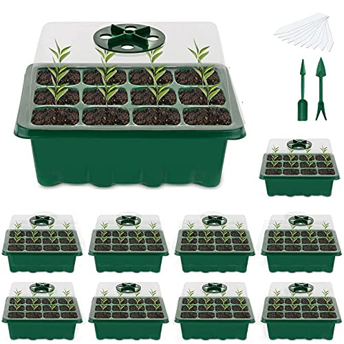 ZAHRVIA Seed Starter Tray -12 Cells per Tray- Humidity Adjustable Seed Starter Kit with Dome and Base Greenhouse Grow Trays for Seedling, Seed Starting, Seed Growing-10 Pack-