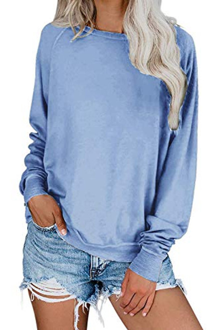 Yanekop Womens Solid Loose Crewneck Sweatshirt Casual Long Sleeve Pullover Tops Shirt-Blue,M-