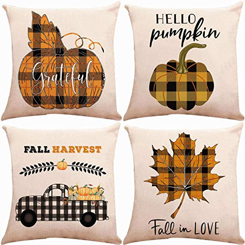 ZUEXT Fall Decor Pumpkin Maple Leaf Truck Orange Buffalo Check Plaid Throw Pillow Covers, Set of 4 Autumn Theme Harvest Farmhouse Decorative Throw Pillow Covers 18 x 18 Inch for Fall Decorations