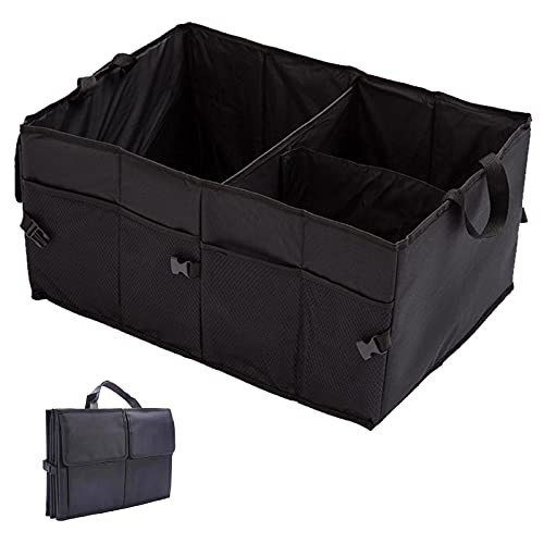 Foldable Car Trunk Storage Box Car Trunk Organizers and Storage - Collapsible Multi-Compartment Car Organizer with Mesh Pockets for SUV, Sedan, Truck with The Heavy Duty Webbing Handles and Reinforced Bottom
