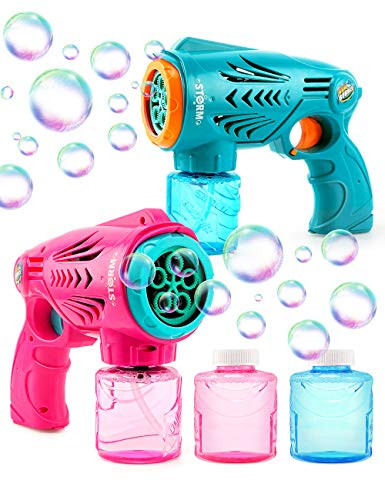 2 Bubble Guns for Kids, Bubble Machine Automatic Bubble Blower with Bubble Solution, HOPOCO Bubble Maker for Bubble Blaster Party Favors, Birthday Gift, Easter Outdoors Activity for Boy  and  Girl