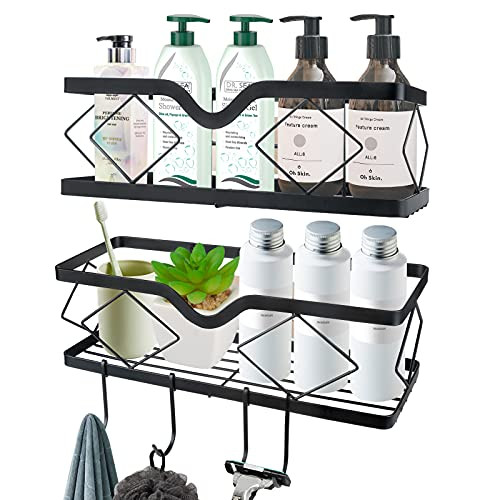 Kadolina Shower Caddy Basket Shelf with Hooks, Shower Organizer Rack Wall Mounted Rustproof No Drilling Shower Storage Holder with Adhesive for Bathroom Toilet Kitchen 2 Pack -Black-