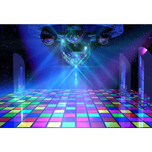Leyiyi Disco Dance Hall KTV Nightclub Backdrop 5x4ft Photography Backdrop Sparkling Spotlight Colorful Floor Virtual Halo Bokeh Blue Blurry Light Beam 70s 80s 90s Party Backdrop Photo Booth Props