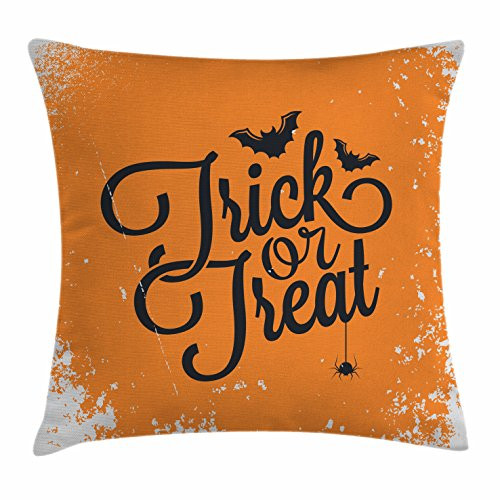 Ambesonne Vintage Halloween Throw Pillow Cushion Cover, Trick or Treat Halloween Theme Celebration Image Bats Tainted Backdrop, Decorative Square Accent Pillow Case, 16" X 16", Orange Black