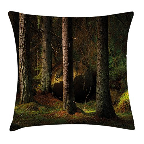 Ambesonne Magic Throw Pillow Cushion Cover, Deep Dark in The Enchanted Forest with Trees in Evening Mystical Theme, Decorative Square Accent Pillow Case, 16" X 16", Green Brown