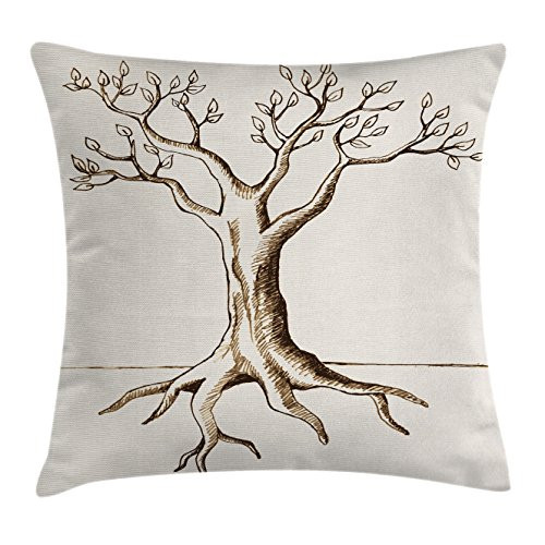 Ambesonne Tree of Life Throw Pillow Cushion Cover, Hand Sketch of Tree with Few Leaves Branches Ready for Growth Fertile Print, Decorative Square Accent Pillow Case, 16" X 16", Cream Brown